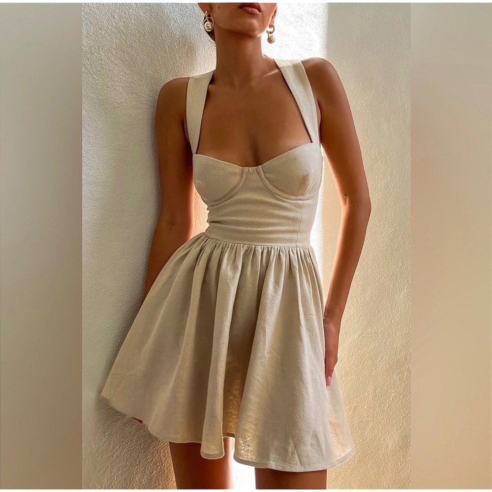 Meshki Loz Tie Back Linen Mini Dress Natural Corset Fit Flare Coastal Festival